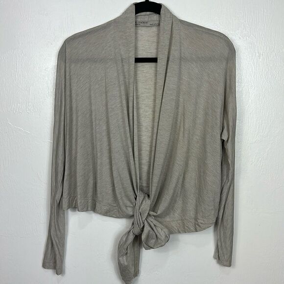 All Saints Long Sleeve Tie Front Cardigan Cover Up In Greige Size M - Picture 2 of 9